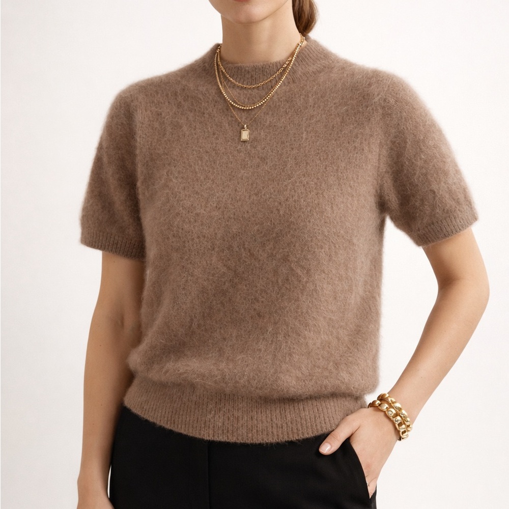 White Cozy Tan Rabbit Hair Knit Top • Soft Fuzzy Short Sleeve Sweater • Size S